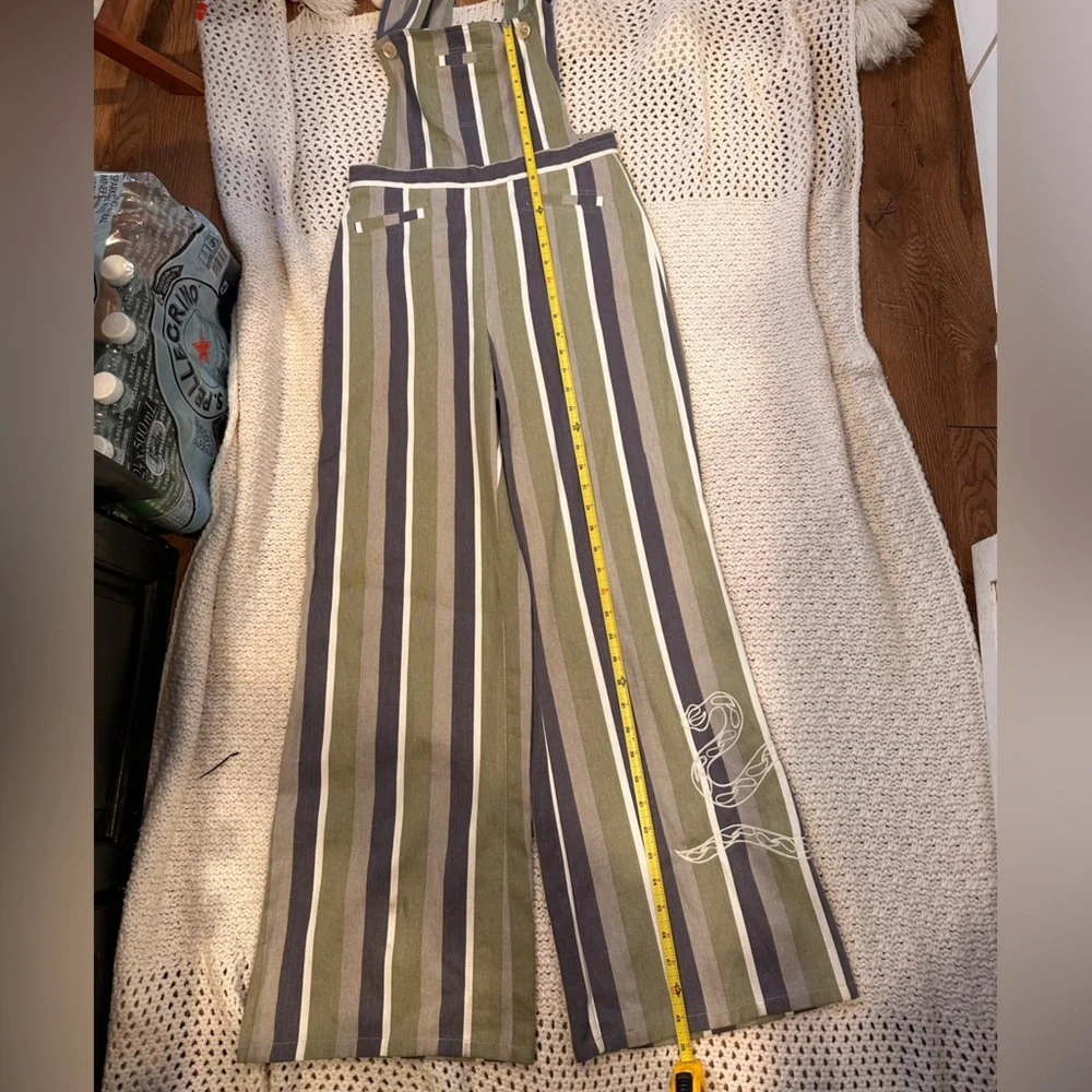 SAINT GERALDINE WOMENS Striped Overalls with Blue and Green Accents SMALL